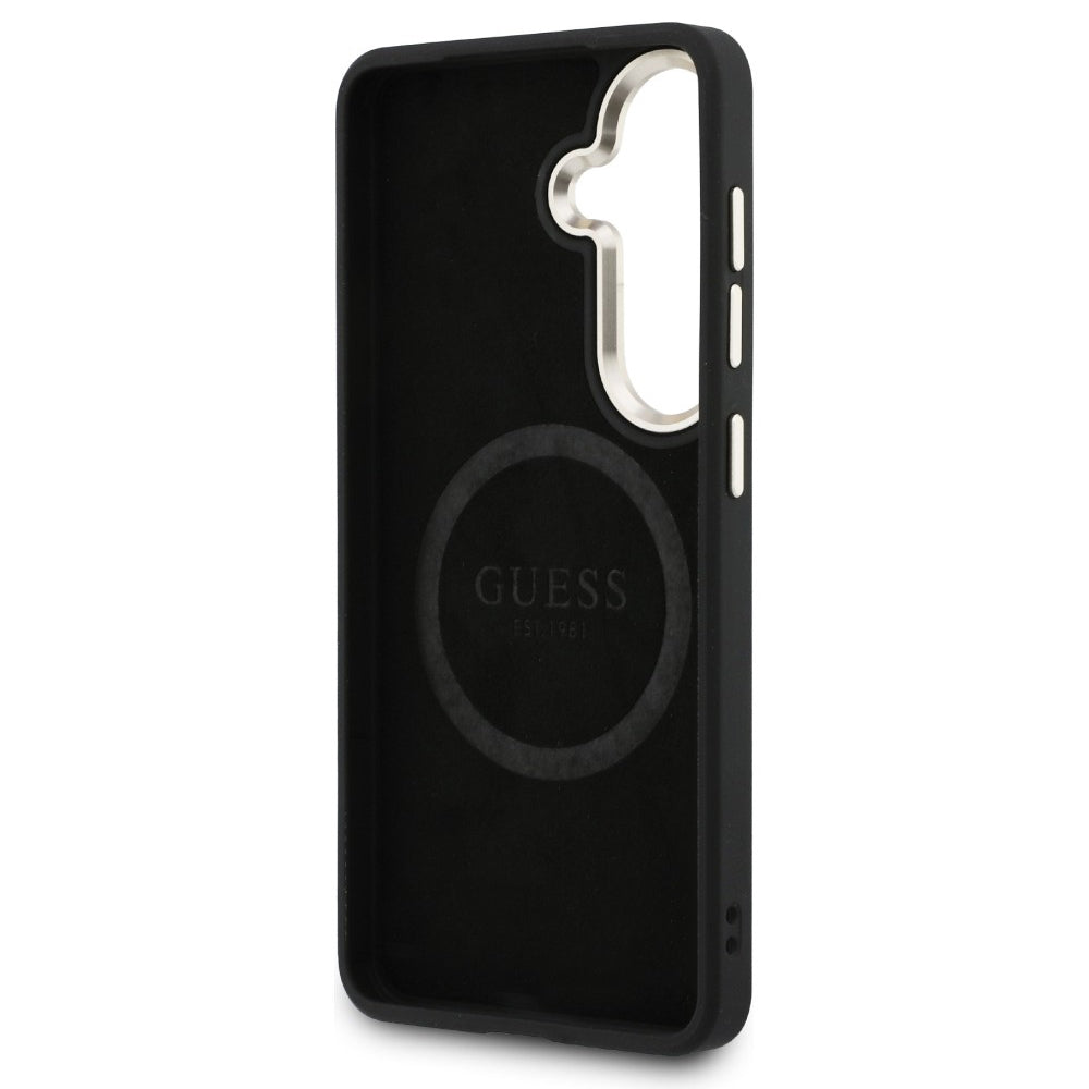 Ovitek MagSafe za Samsung Galaxy S26 S942, Guess, Saffiano Peony Embossed Ring, črn