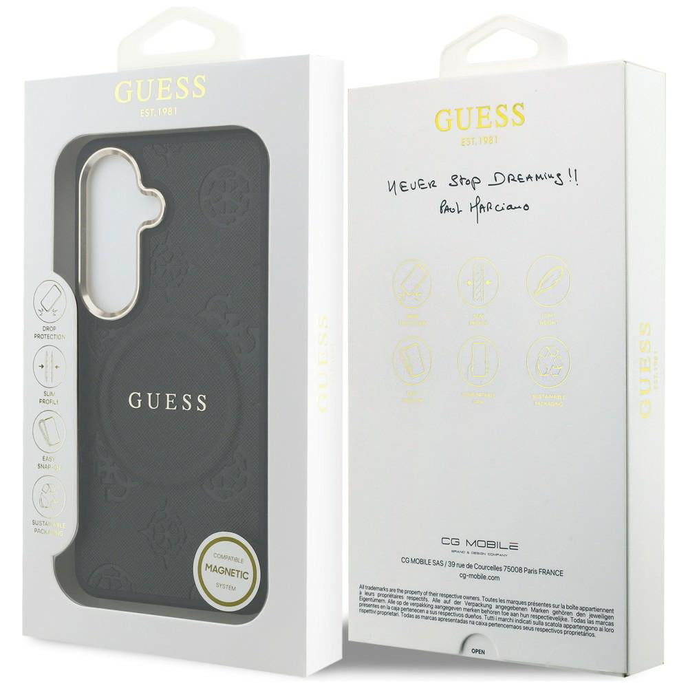 Ovitek MagSafe za Samsung Galaxy S26 S942, Guess, Saffiano Peony Embossed Ring, črn