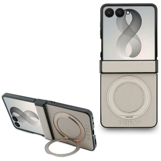 MagSafe ovitek za Samsung Galaxy Z Flip8 F776, Guess, Ring Stand Grained Classic Logo, Bež
