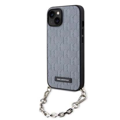 Ovitek za Apple iPhone 14, Karl Lagerfeld, Saffiano Monogram Chain, Srebrn.
