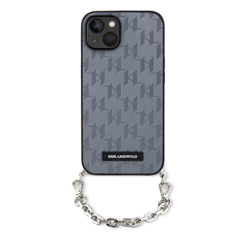 Ovitek za Apple iPhone 14, Karl Lagerfeld, Saffiano Monogram Chain, Srebrn.