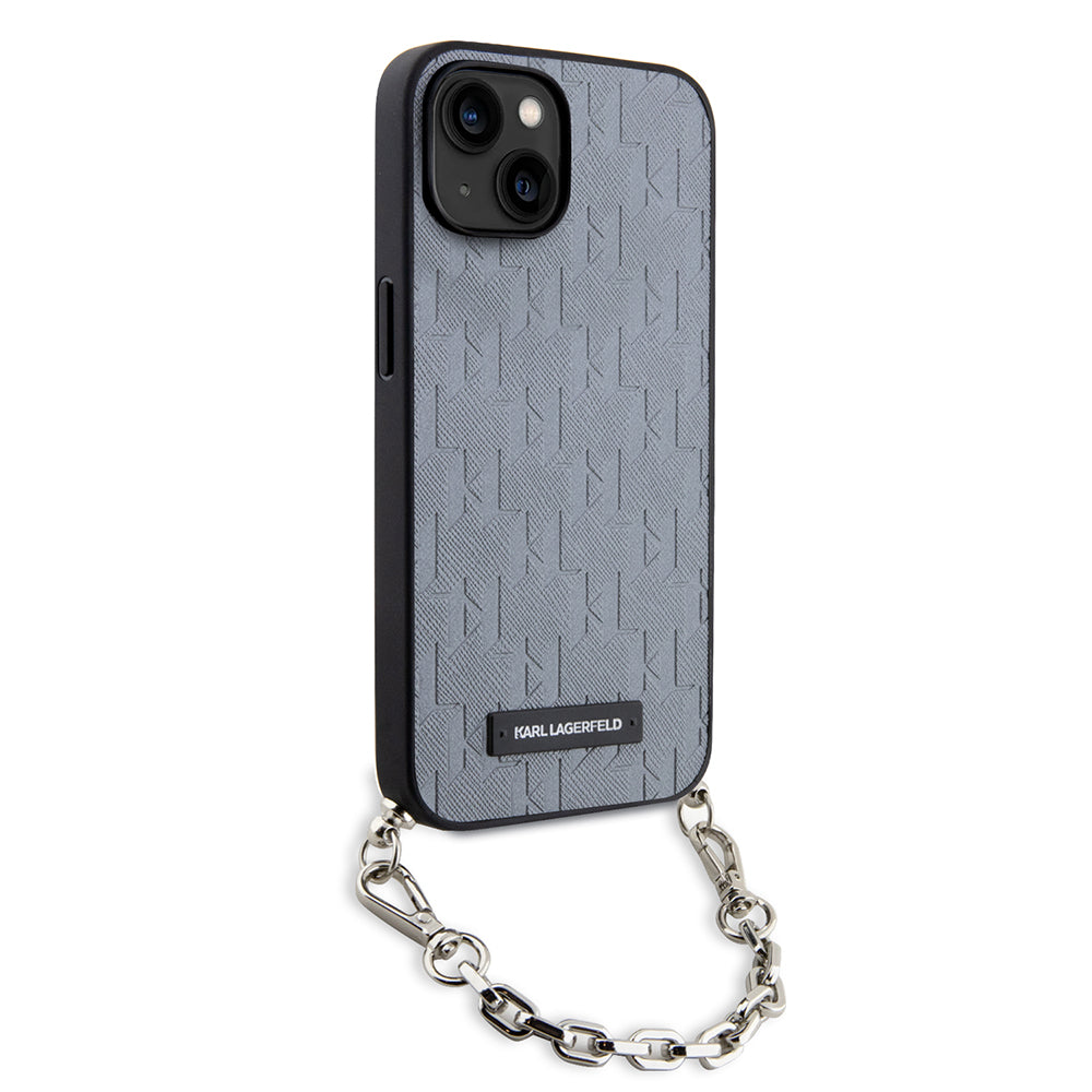 Ovitek za Apple iPhone 14, Karl Lagerfeld, Saffiano Monogram Chain, Srebrn.