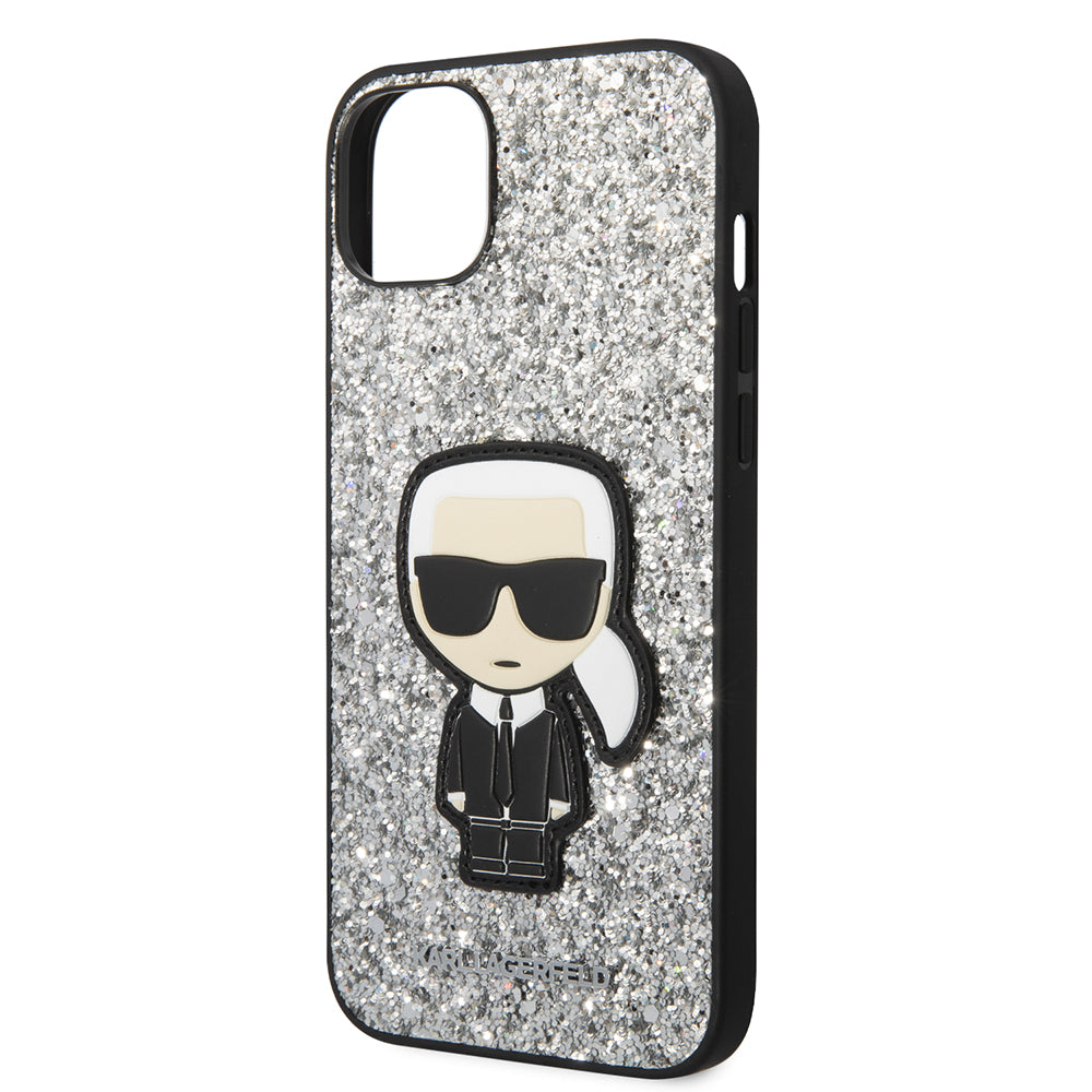Ovitek za Apple iPhone 14 Plus, Karl Lagerfeld, Glitter Flakes Ikonik Karl, Srebrn.