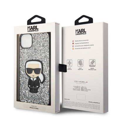 Ovitek za Apple iPhone 14 Plus, Karl Lagerfeld, Glitter Flakes Ikonik Karl, Srebrn.