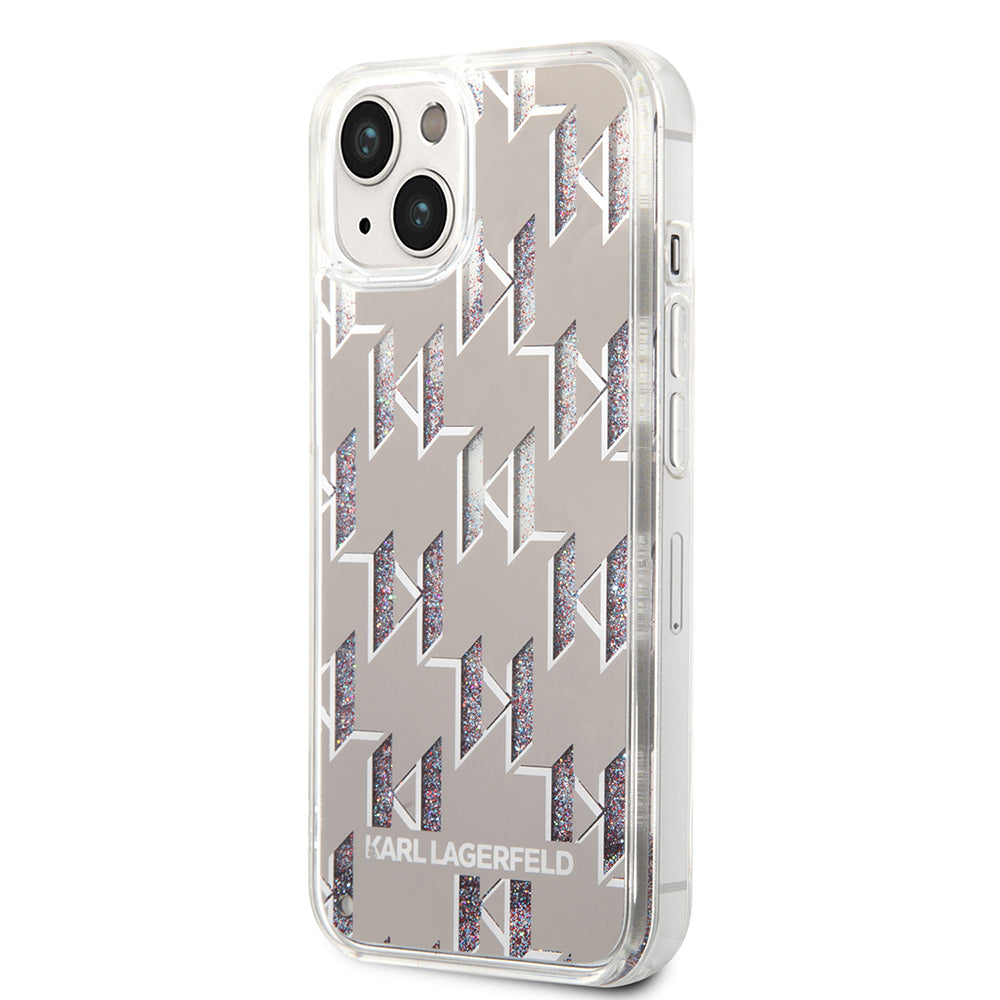Ovitek za Apple iPhone 14 Plus, Karl Lagerfeld, Liquid Glitter Monogram, Srebrn.