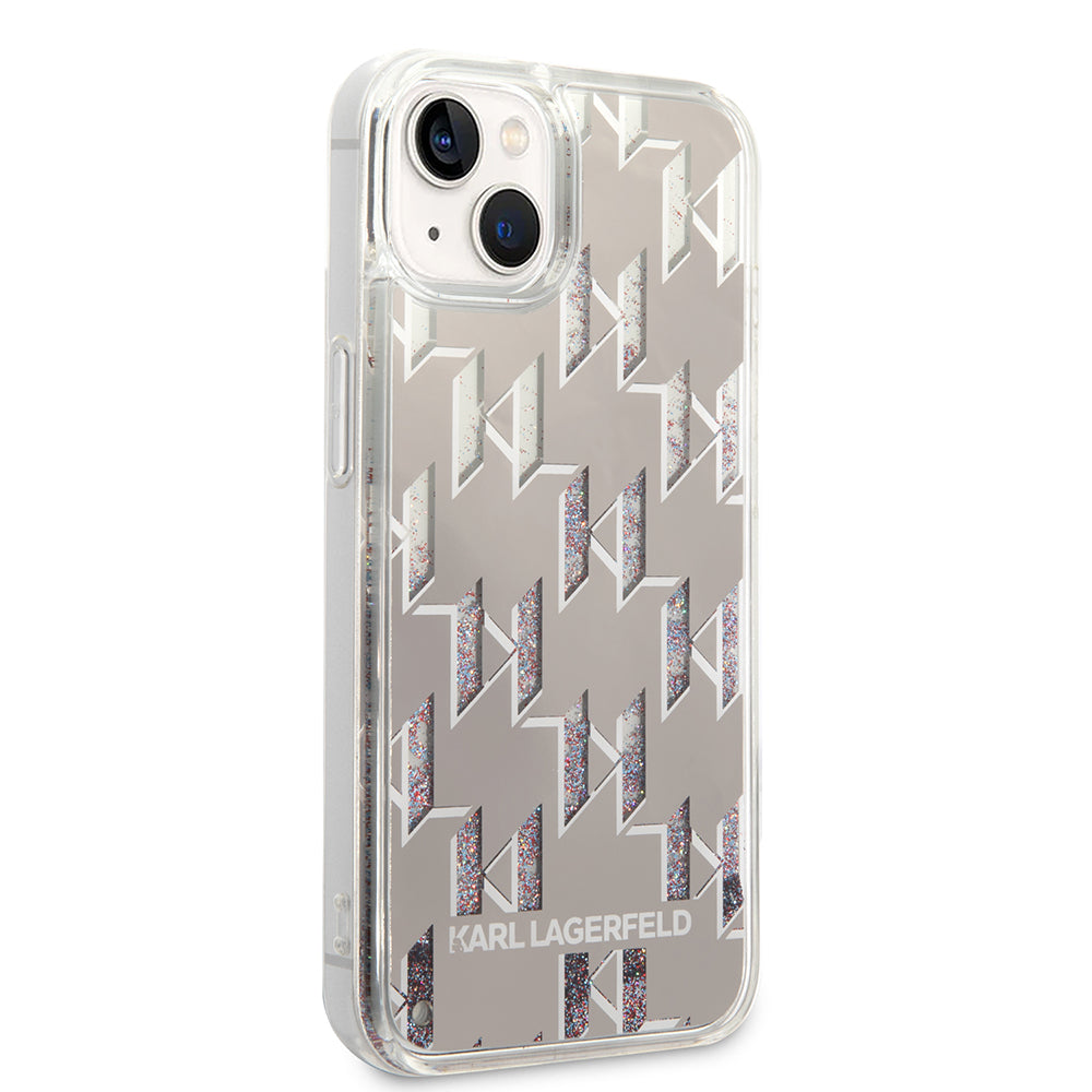 Ovitek za Apple iPhone 14 Plus, Karl Lagerfeld, Liquid Glitter Monogram, Srebrn.