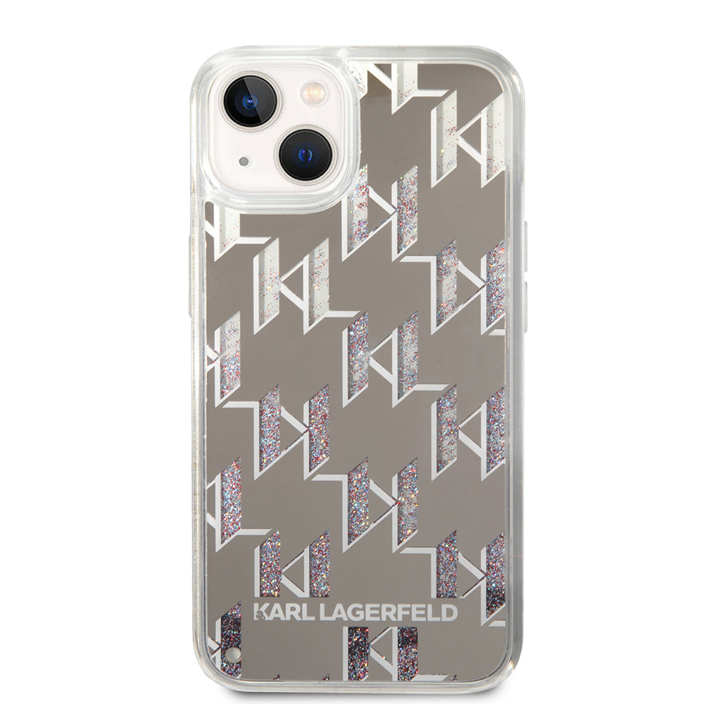Ovitek za Apple iPhone 14 Plus, Karl Lagerfeld, Liquid Glitter Monogram, Srebrn.