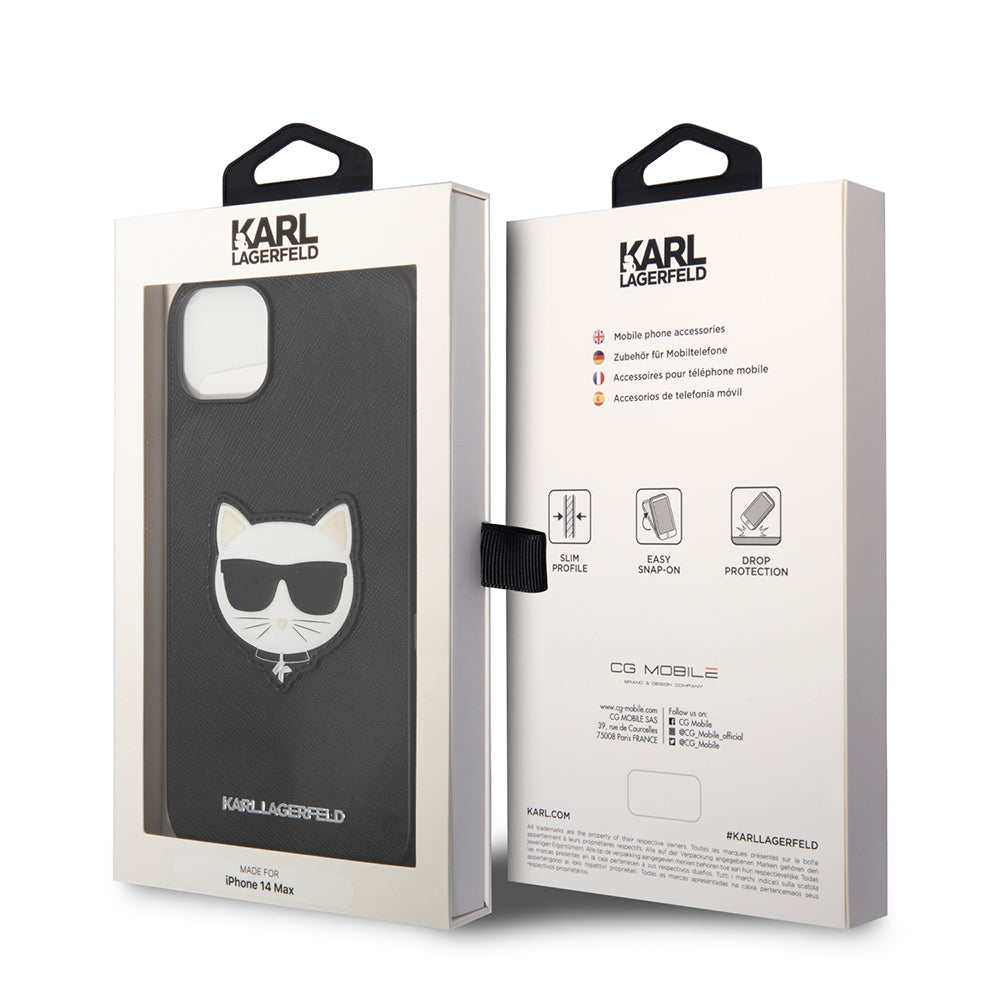 Ovitek za Apple iPhone 14 Plus, Karl Lagerfeld, Saffiano Choupette's Head, črn