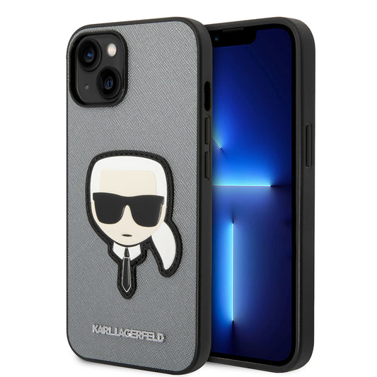 Ovitek za Apple iPhone 14 Plus, Karl Lagerfeld, Saffiano Karl's Head, Srebrn