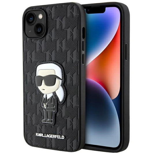 Ovitek za Apple iPhone 14 Plus, Karl Lagerfeld, Saffiano Monogram Ikonik Karl, črn.