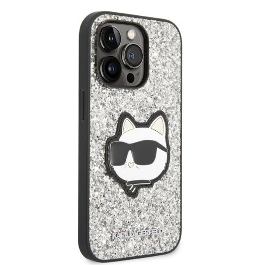 Ovitek za Apple iPhone 14 Pro, Karl Lagerfeld, Glitter Choupette Patch, Srebrn.