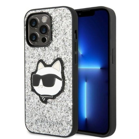 Ovitek za Apple iPhone 14 Pro, Karl Lagerfeld, Glitter Choupette Patch, Srebrn.