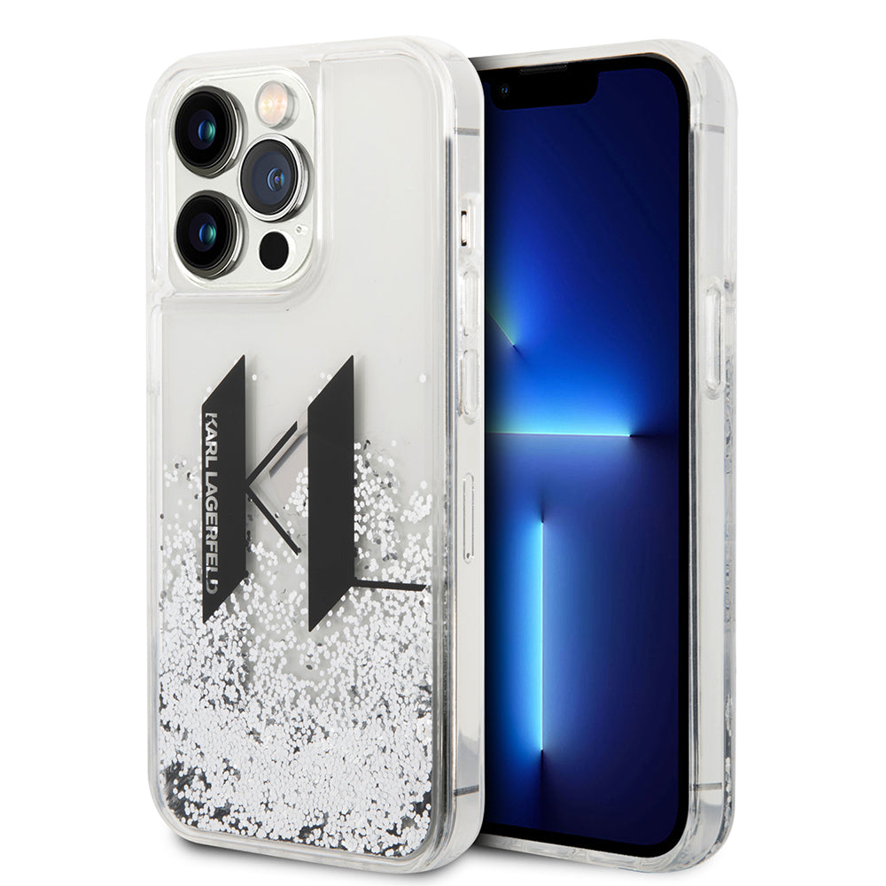 Ovitek za Apple iPhone 14 Pro, Karl Lagerfeld, Liquid Glitter Big KL, Srebrn.