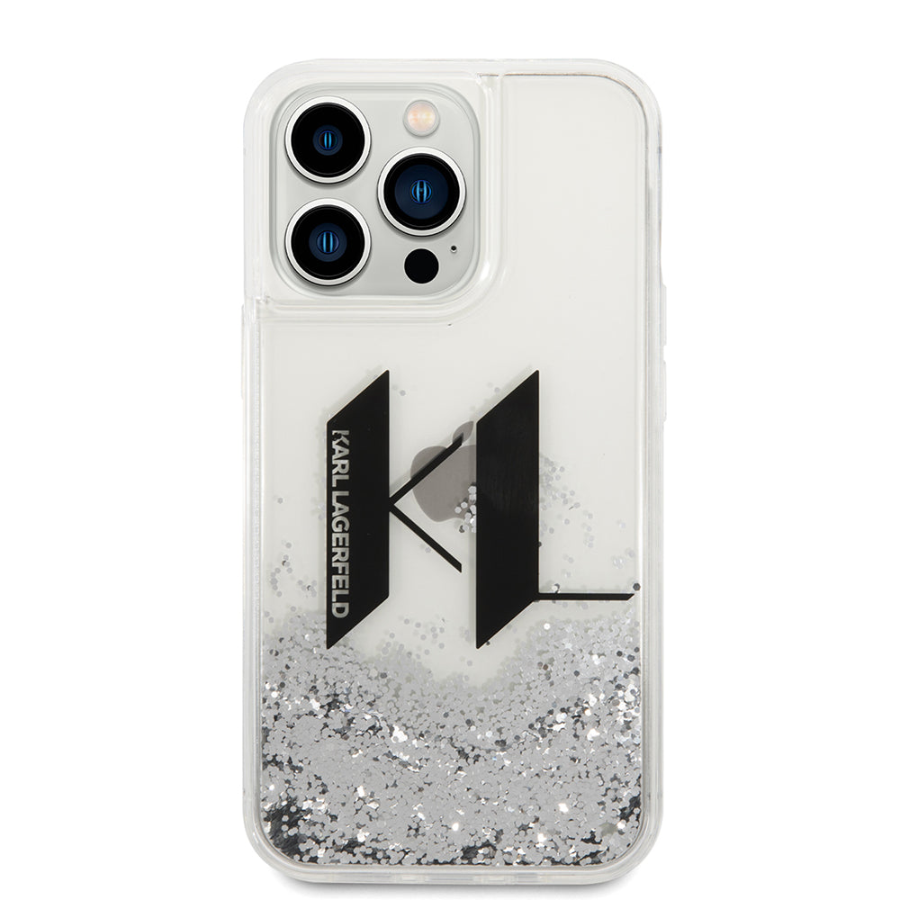 Ovitek za Apple iPhone 14 Pro, Karl Lagerfeld, Liquid Glitter Big KL, Srebrn.