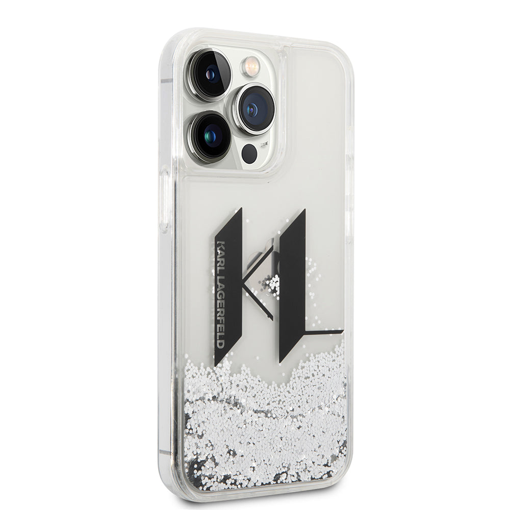 Ovitek za Apple iPhone 14 Pro, Karl Lagerfeld, Liquid Glitter Big KL, Srebrn.