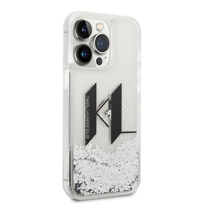 Ovitek za Apple iPhone 14 Pro, Karl Lagerfeld, Liquid Glitter Big KL, Srebrn.