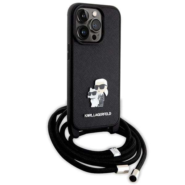 Ovitek za Apple iPhone 14 Pro, Karl Lagerfeld, Saffiano Crossbody Metal Pin Karl & Choupette, črn
