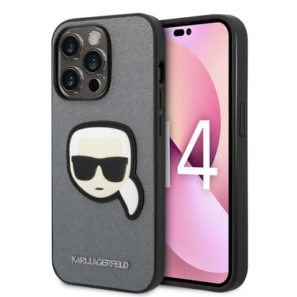 Ovitek za Apple iPhone 14 Pro, Karl Lagerfeld, Saffiano Karl's Head, Srebrn