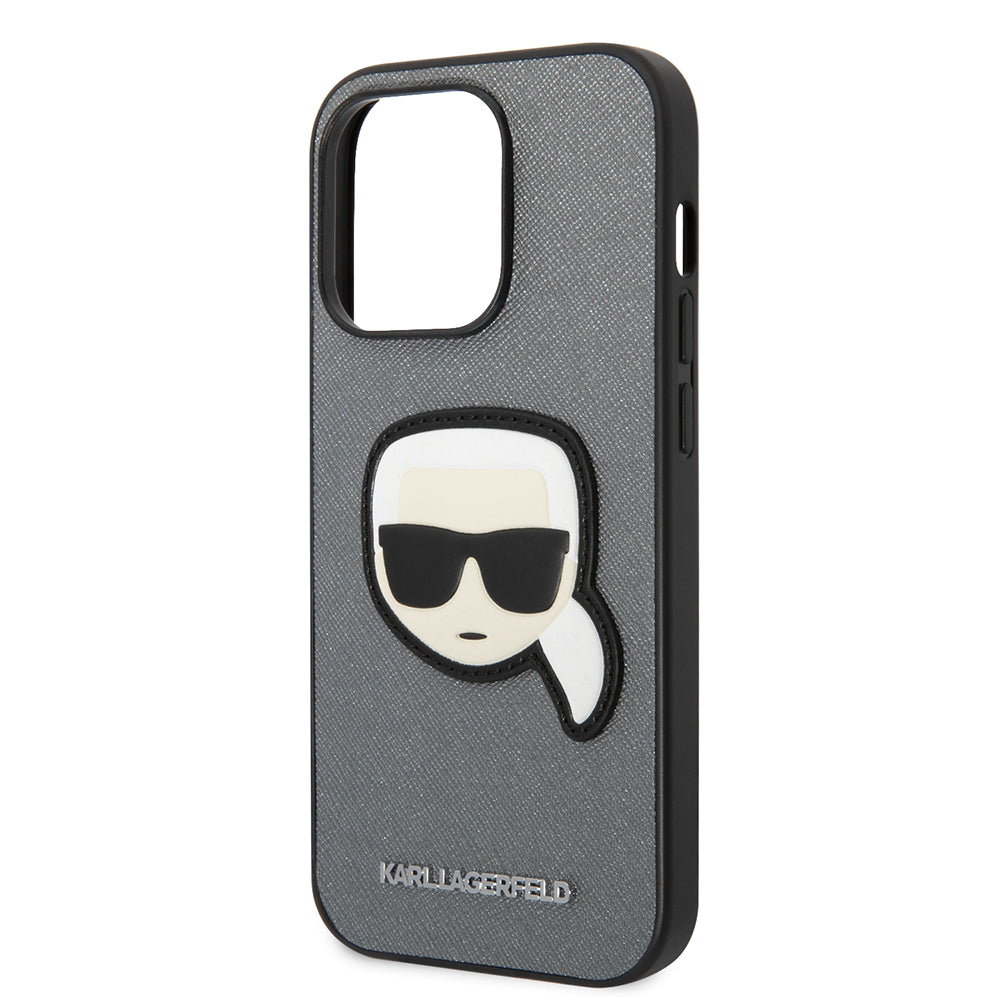 Ovitek za Apple iPhone 14 Pro, Karl Lagerfeld, Saffiano Karl's Head, Srebrn