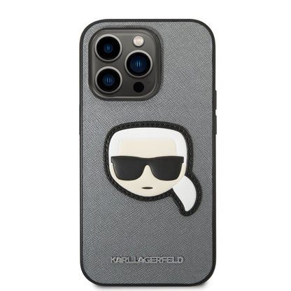 Ovitek za Apple iPhone 14 Pro, Karl Lagerfeld, Saffiano Karl's Head, Srebrn