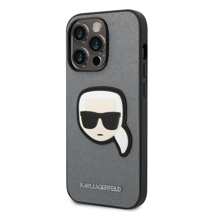 Ovitek za Apple iPhone 14 Pro, Karl Lagerfeld, Saffiano Karl's Head, Srebrn