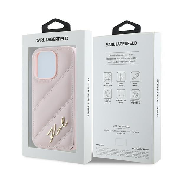 Ovitek za Apple iPhone 14 Pro Max, Karl Lagerfeld, Diagonal Quilted Script, Roza
