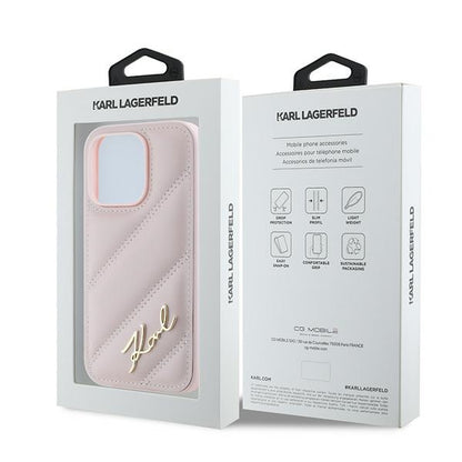 Ovitek za Apple iPhone 14 Pro Max, Karl Lagerfeld, Diagonal Quilted Script, Roza