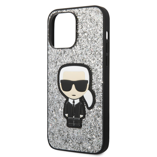 Ovitek za Apple iPhone 14 Pro Max, Karl Lagerfeld, Glitter Flakes Ikonik Karl, Srebrn.
