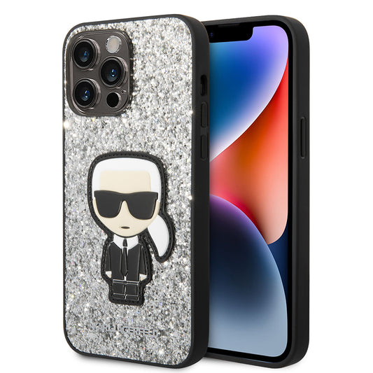 Ovitek za Apple iPhone 14 Pro Max, Karl Lagerfeld, Glitter Flakes Ikonik Karl, Srebrn.