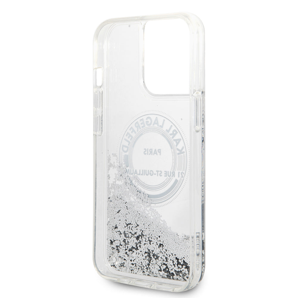 Ovitek za Apple iPhone 14 Pro Max, Karl Lagerfeld, Liquid Glitter RSG, Srebrn.