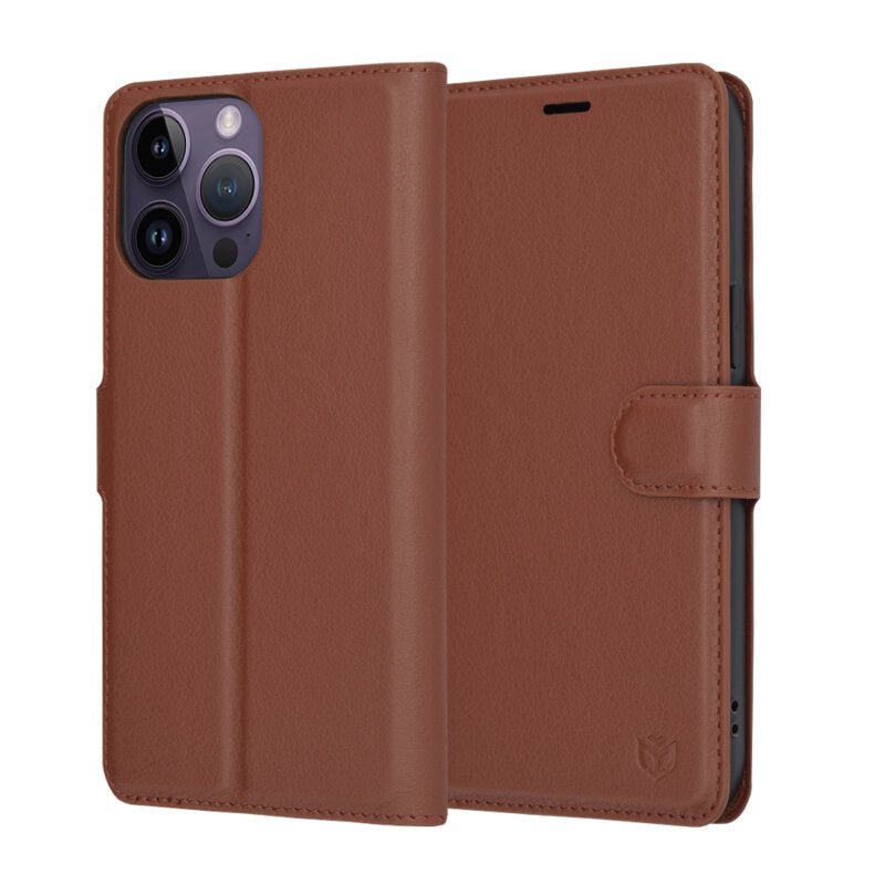 Ovitek za Apple iPhone 14 Pro Max, Techsuit, usnjen folio, rjav