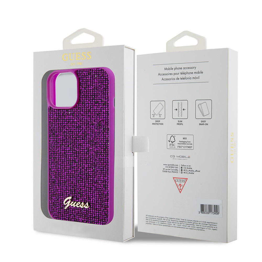Ovitek za Apple iPhone 15, Guess, Disco Metal Script, Fuksija