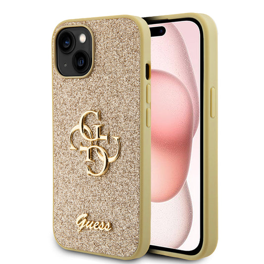 Ovitek za Apple iPhone 15, Guess, Glitter Big 4G Script, Zlat