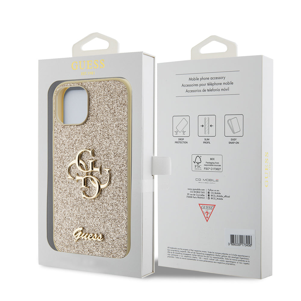 Case for Apple iPhone 15, Guess, Glitter Big 4G Script, Gold