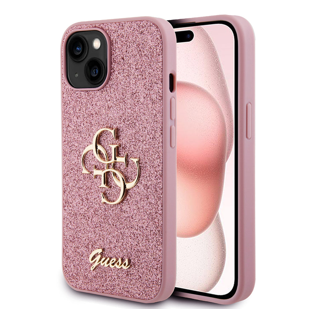 Ovitek za Apple iPhone 15, Guess, Glitter Big 4G Script, Roza