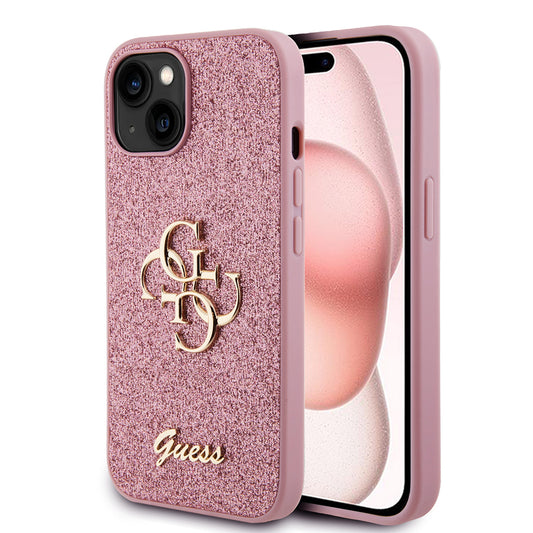 Ovitek za Apple iPhone 15, Guess, Glitter Big 4G Script, Roza