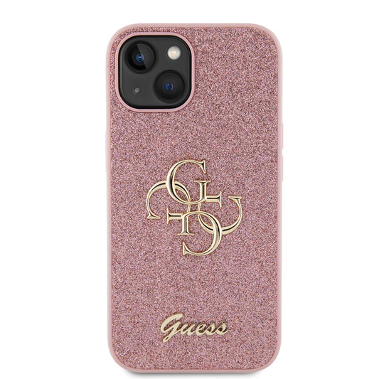 Ovitek za Apple iPhone 15, Guess, Glitter Big 4G Script, Roza