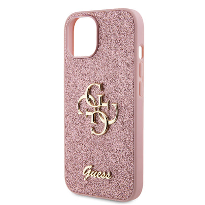 Ovitek za Apple iPhone 15, Guess, Glitter Big 4G Script, Roza