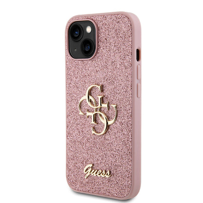 Ovitek za Apple iPhone 15, Guess, Glitter Big 4G Script, Roza