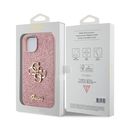 Ovitek za Apple iPhone 15, Guess, Glitter Big 4G Script, Roza