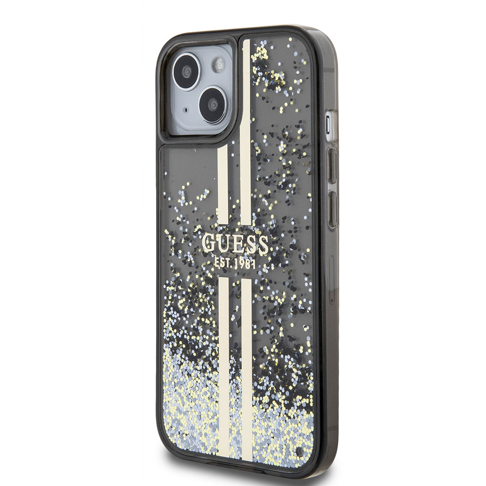 Ovitek za Apple iPhone 15, Guess, Liquid Glitter Gold Stripes, Črn