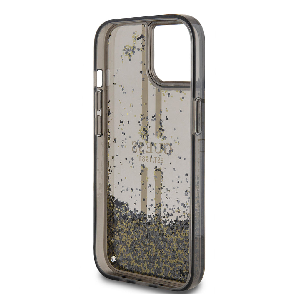 Ovitek za Apple iPhone 15, Guess, Liquid Glitter Gold Stripes, Črn