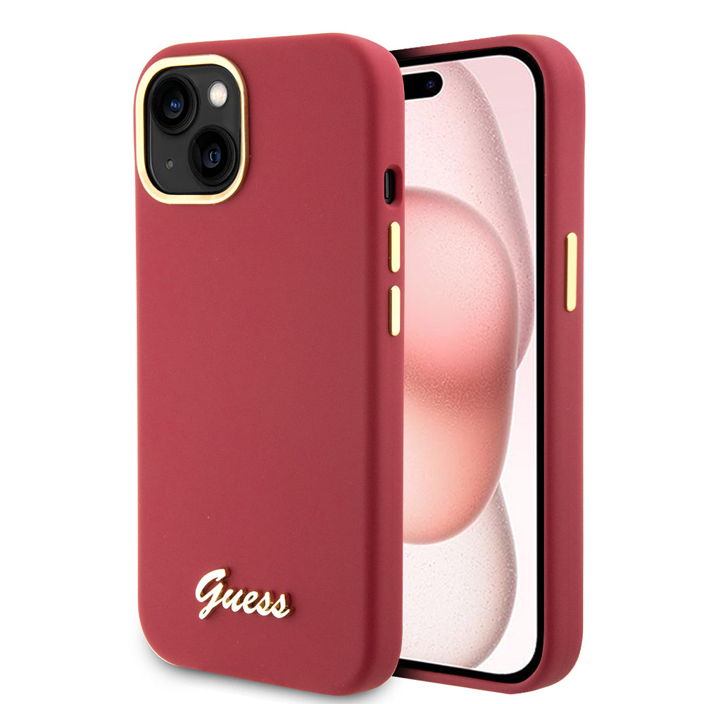Ovitek za Apple iPhone 15, Guess, Script Metal Logo & Frame, Roza