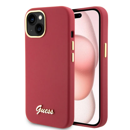 Ovitek za Apple iPhone 15, Guess, Script Metal Logo & Frame, Roza