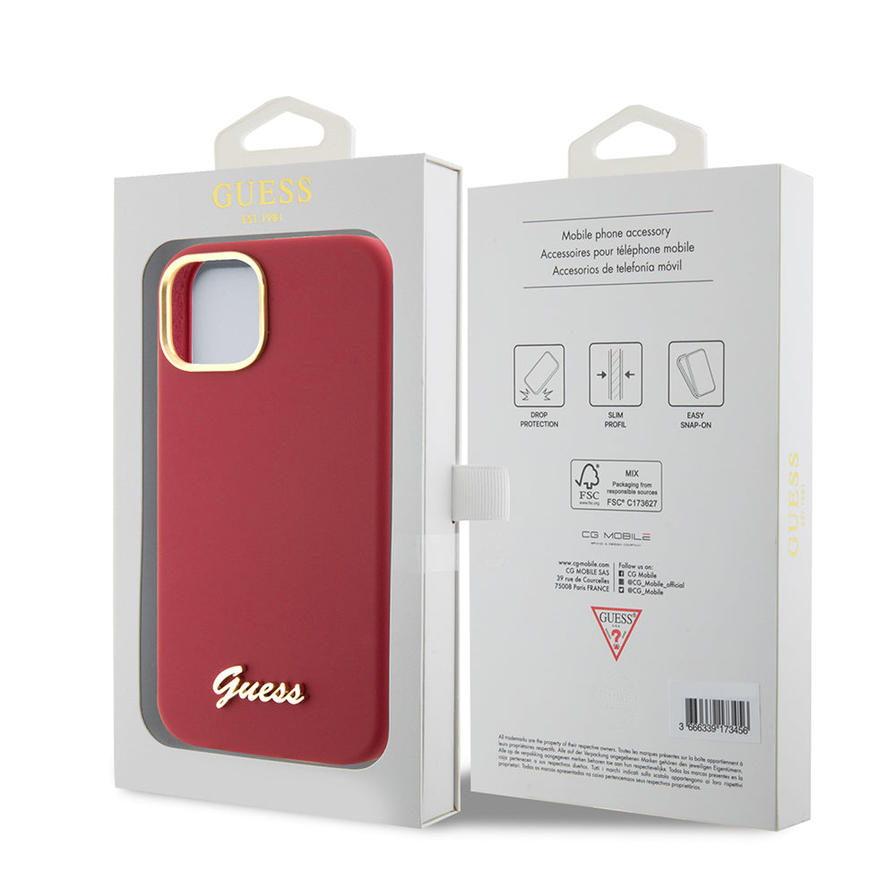 Ovitek za Apple iPhone 15, Guess, Script Metal Logo & Frame, Roza