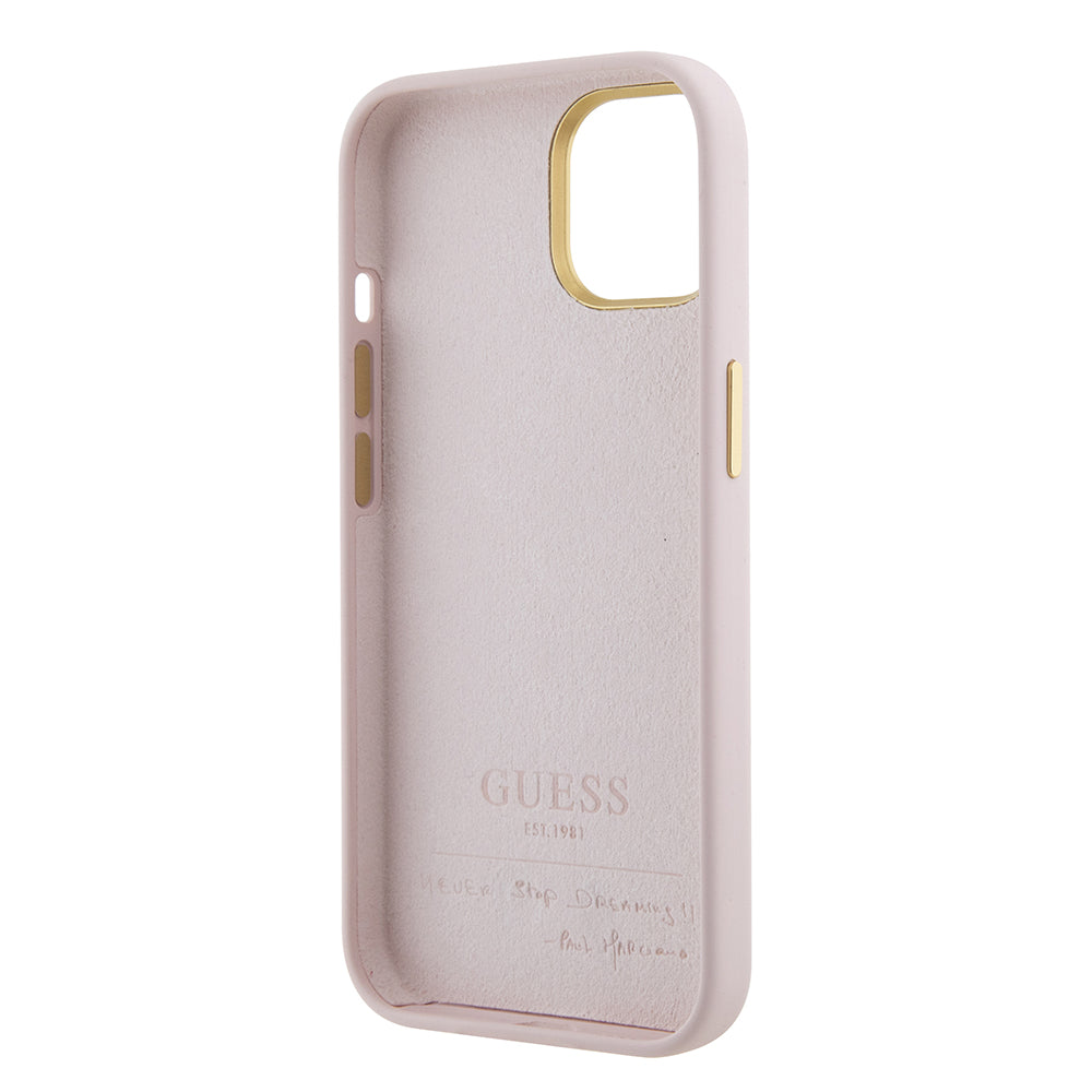 Case for Apple iPhone 15, Guess, Script Metal Logo & Frame, Light Pink