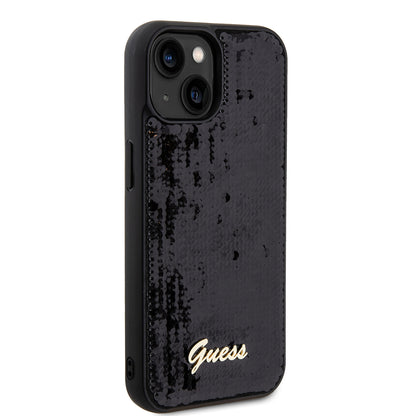 Ovitek za Apple iPhone 15, Guess, Sequin Script Metal, črn