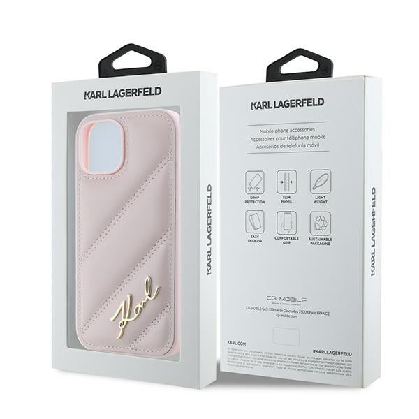 Ovitek za Apple iPhone 15, Karl Lagerfeld, Diagonal Quilted Script, Roza