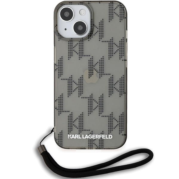Ovitek za Apple iPhone 15, Karl Lagerfeld, IML Luxury Monogram KL Pattern with Strap, Črna