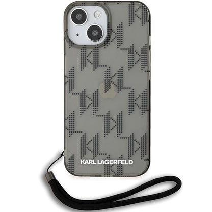 Ovitek za Apple iPhone 15, Karl Lagerfeld, IML Luxury Monogram KL Pattern with Strap, Črna